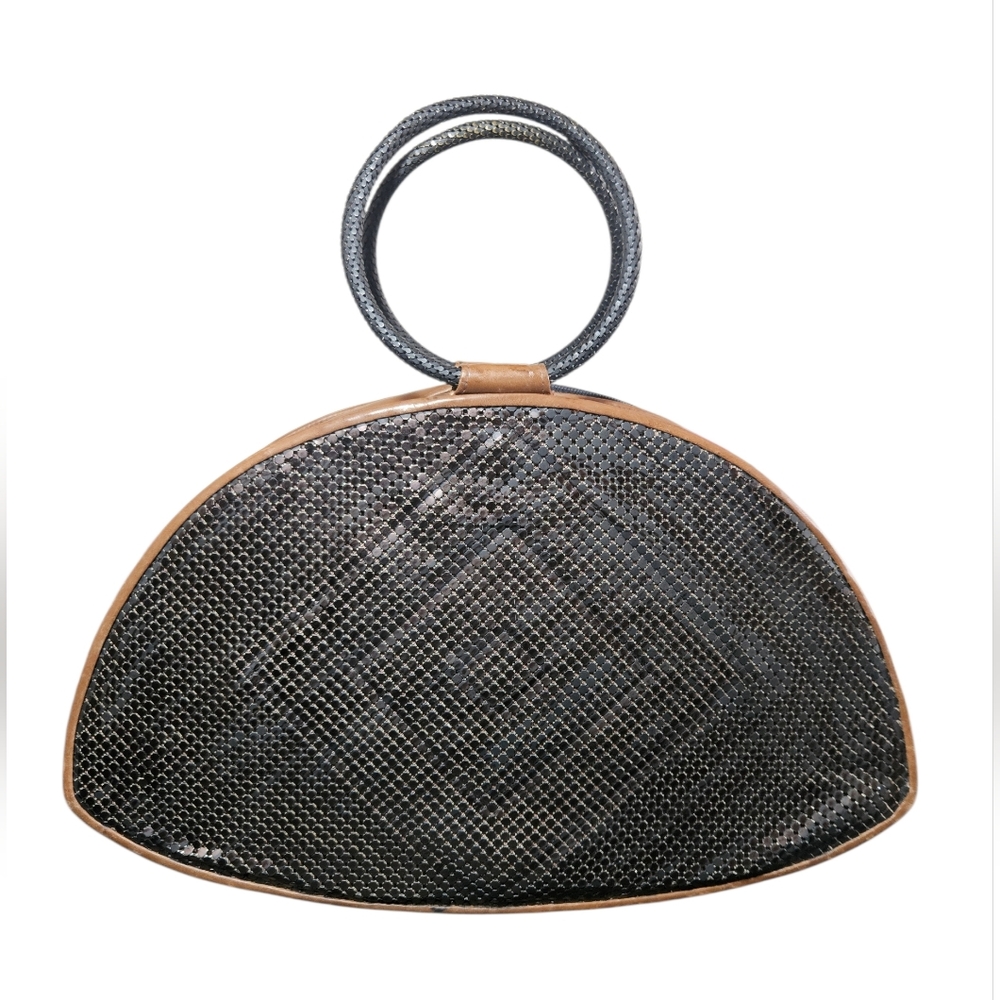 Vintage Whiting and Davis Mesh Metal and Brown Leather Top Handle Bag